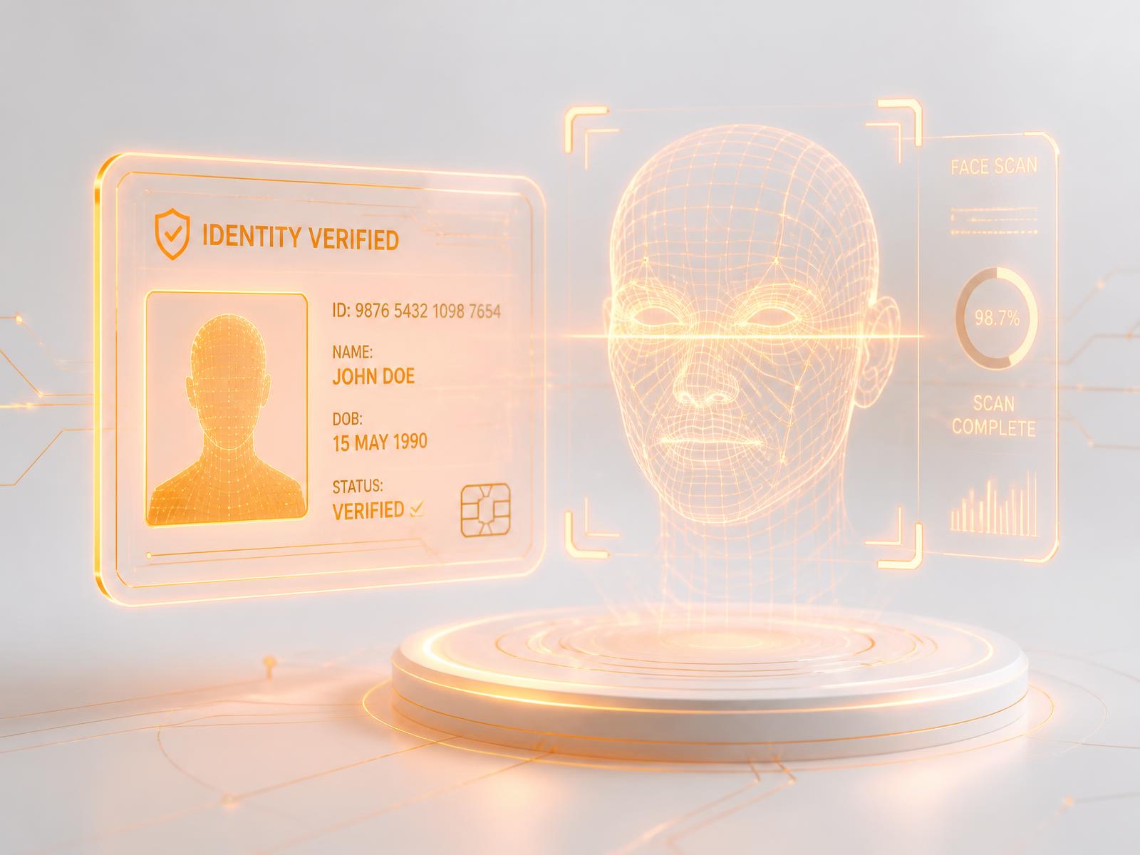 Holographic identity card and biometric face scan representing KYC verification