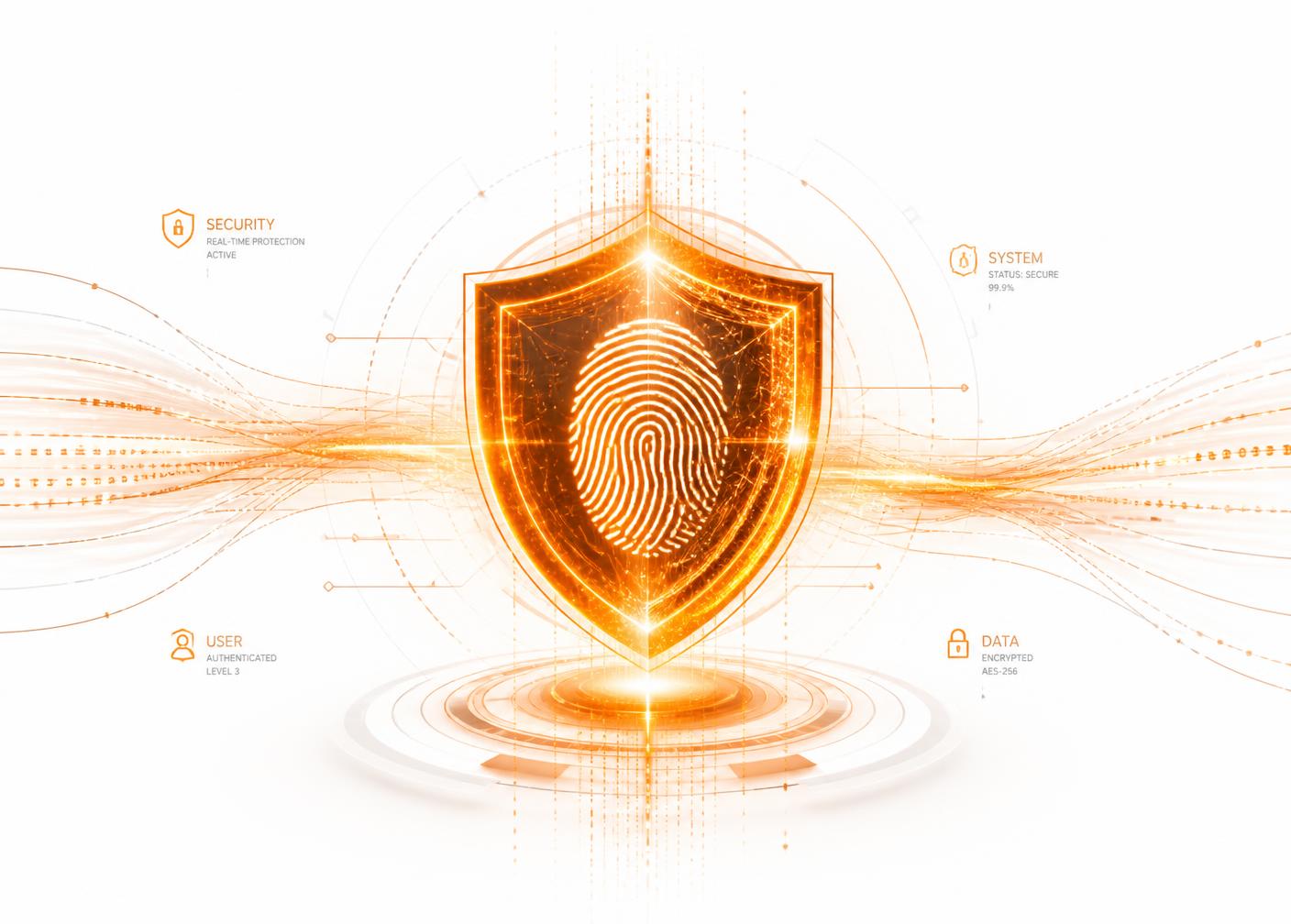 Orange holographic shield with fingerprint representing account security